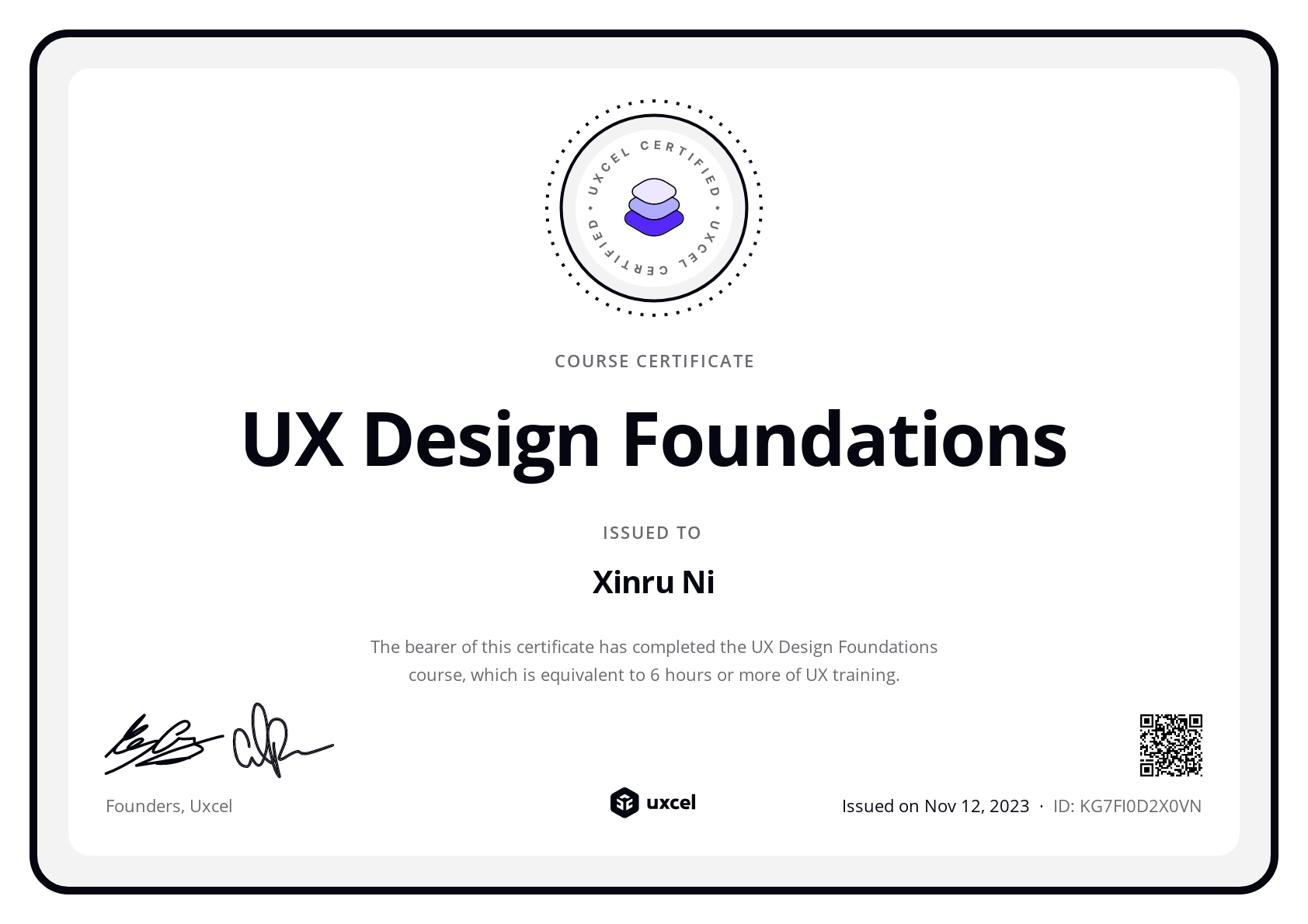 Xinru Ni's certificate